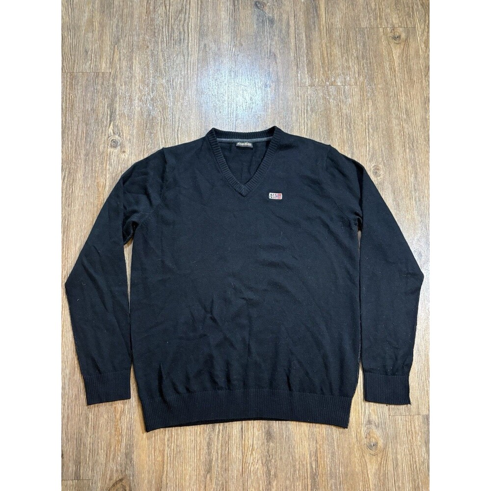 Napapijri Geographic Quarter V Neck Black Wool Pullover Knit Sweater Men’s S